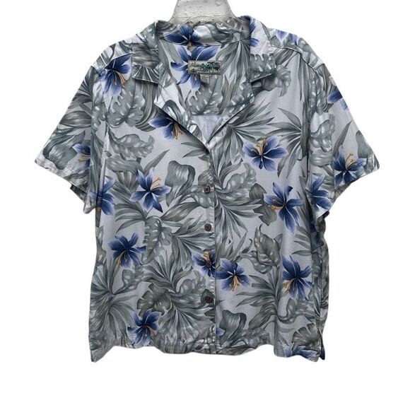 Havana Jack's Cafe Hawaiian Shirt Women's 1X Green Floral Button Front Rayon - Picture 2 of 12